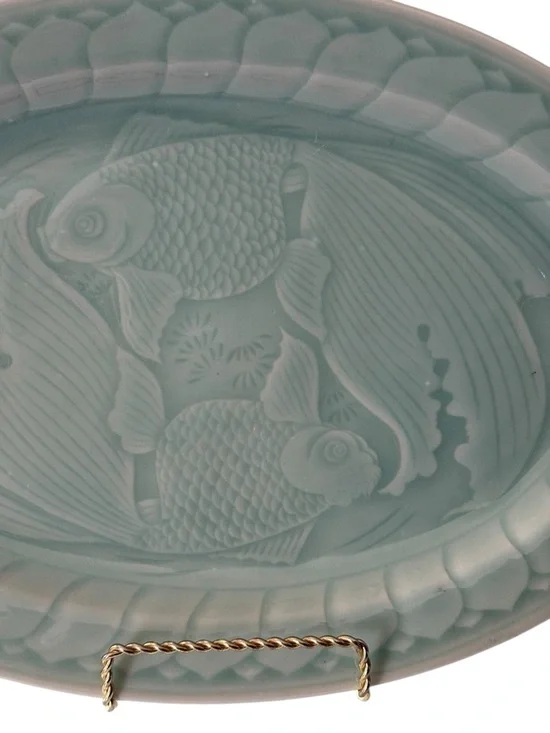Longquan Celadon Koi Fish Platter 14 inch Green Glaze Mid-Century Abundance - Picture 5 of 7